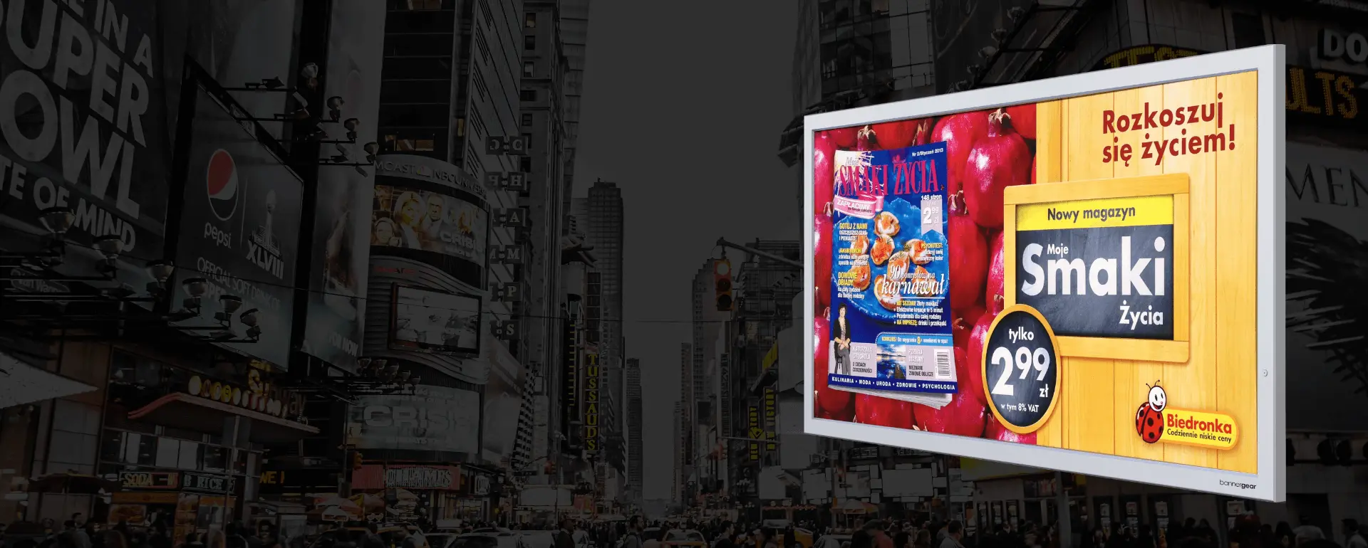 Wizualizacja - wisząca reklama, tablica reklamowa, billboard z opatentowanym systemem szybkiej wymiany banerów bannergear™ 2.0 model Wall Slim